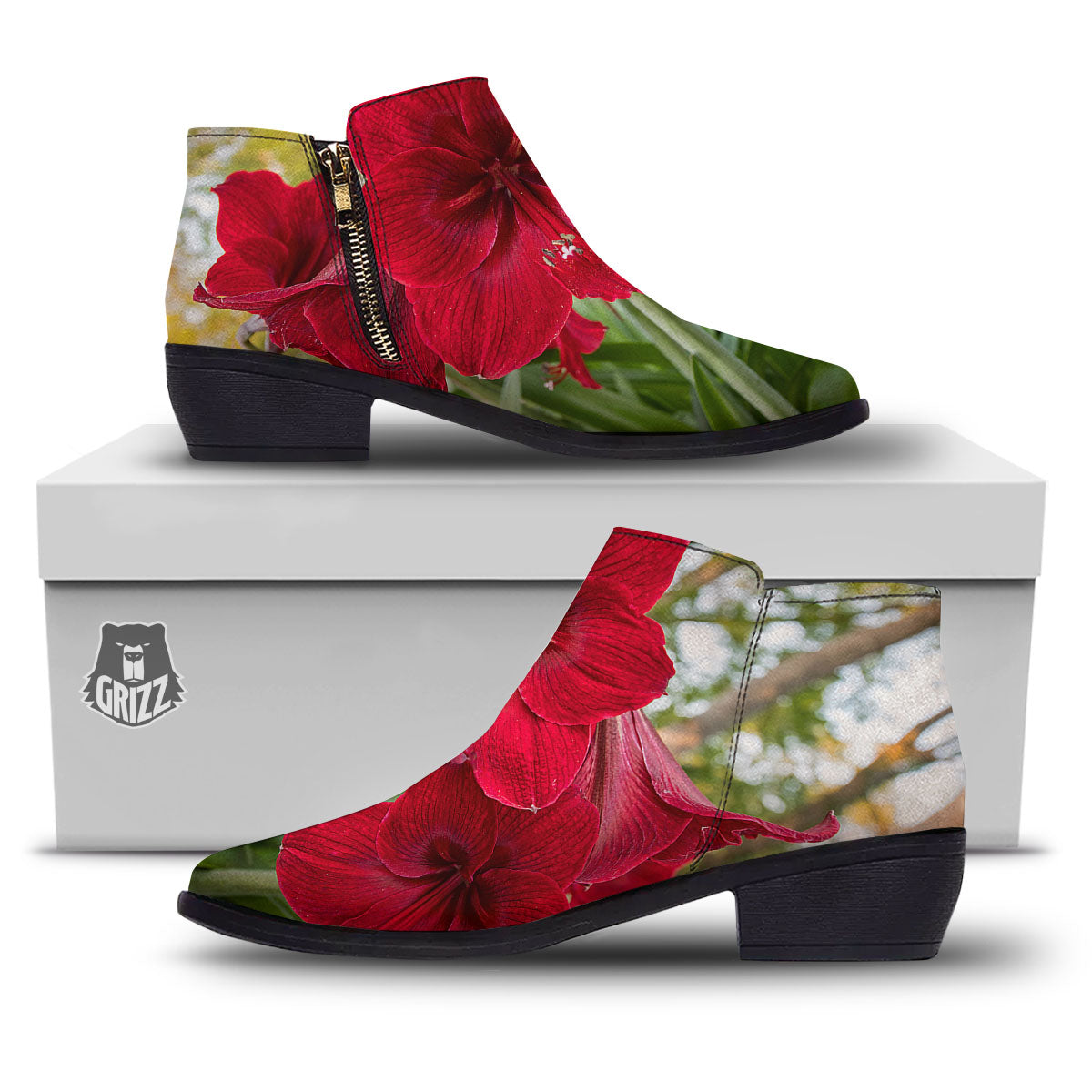 Amaryllis Red Print Ankle Boots-grizzshop