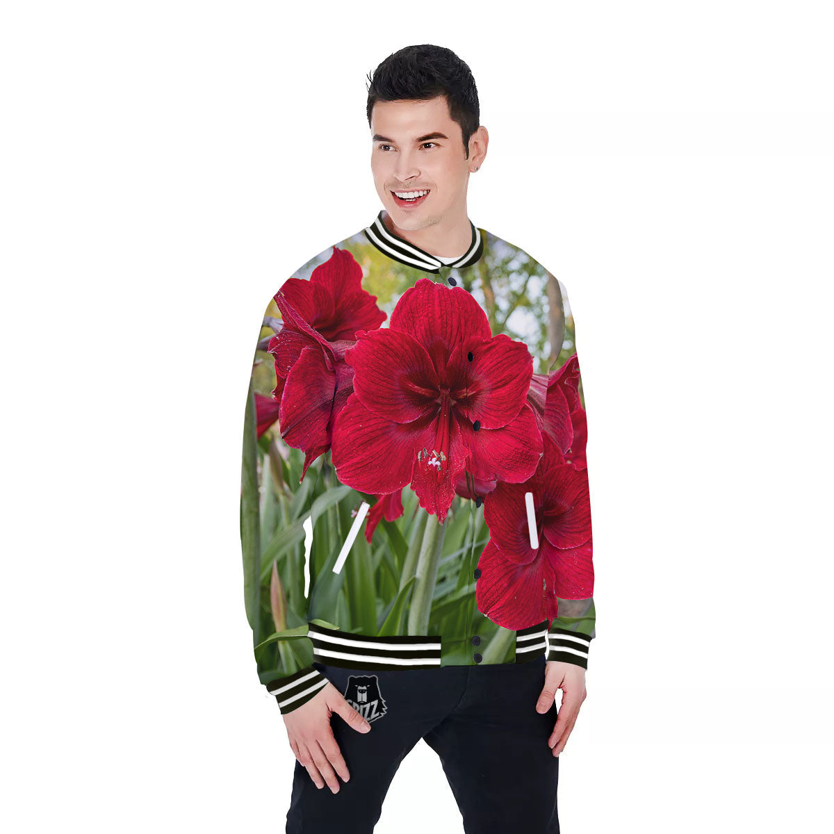 Amaryllis Red Print Baseball Jacket-grizzshop