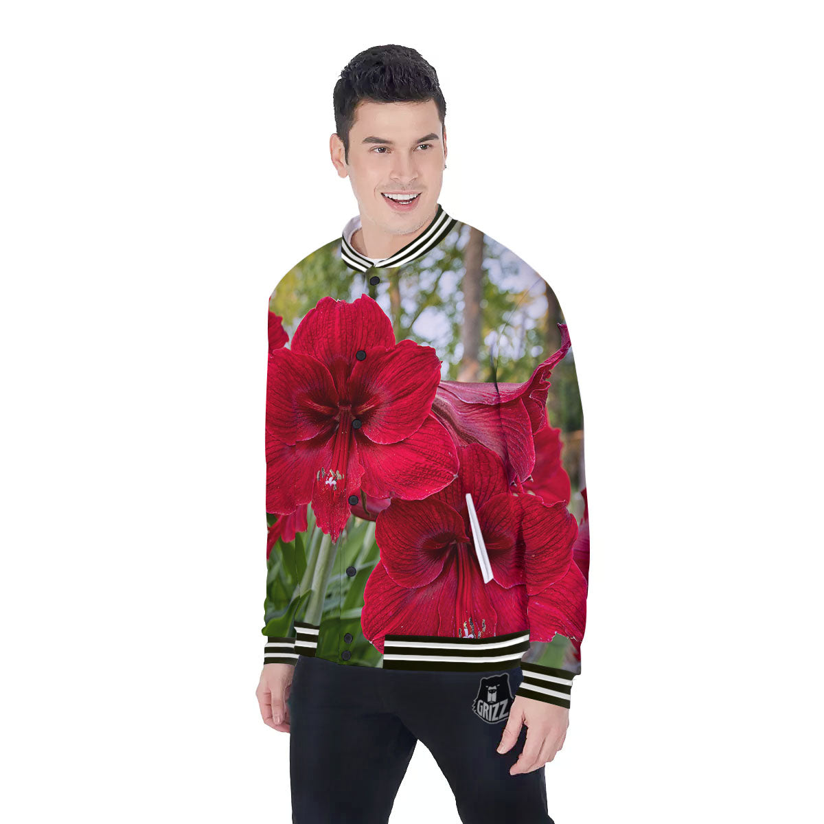 Amaryllis Red Print Baseball Jacket-grizzshop