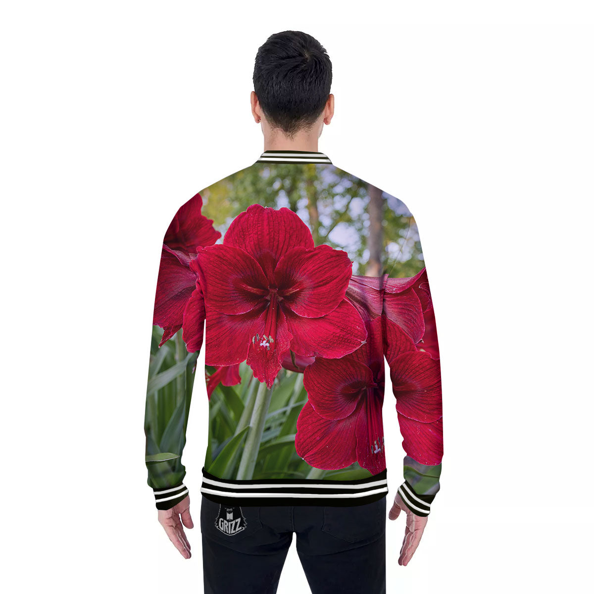 Amaryllis Red Print Baseball Jacket-grizzshop