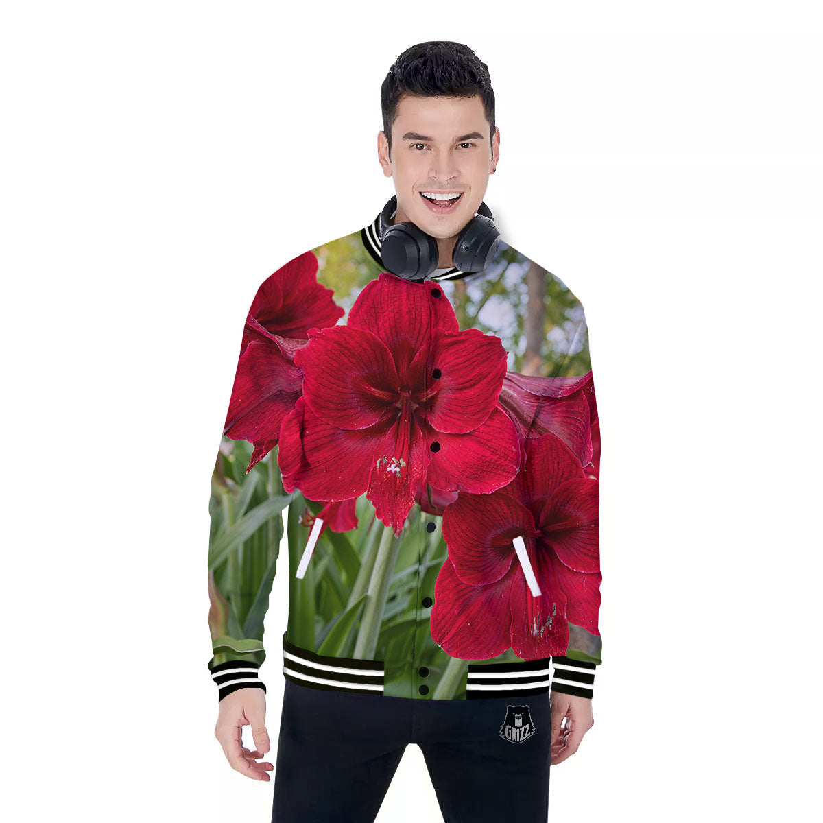 Amaryllis Red Print Baseball Jacket-grizzshop