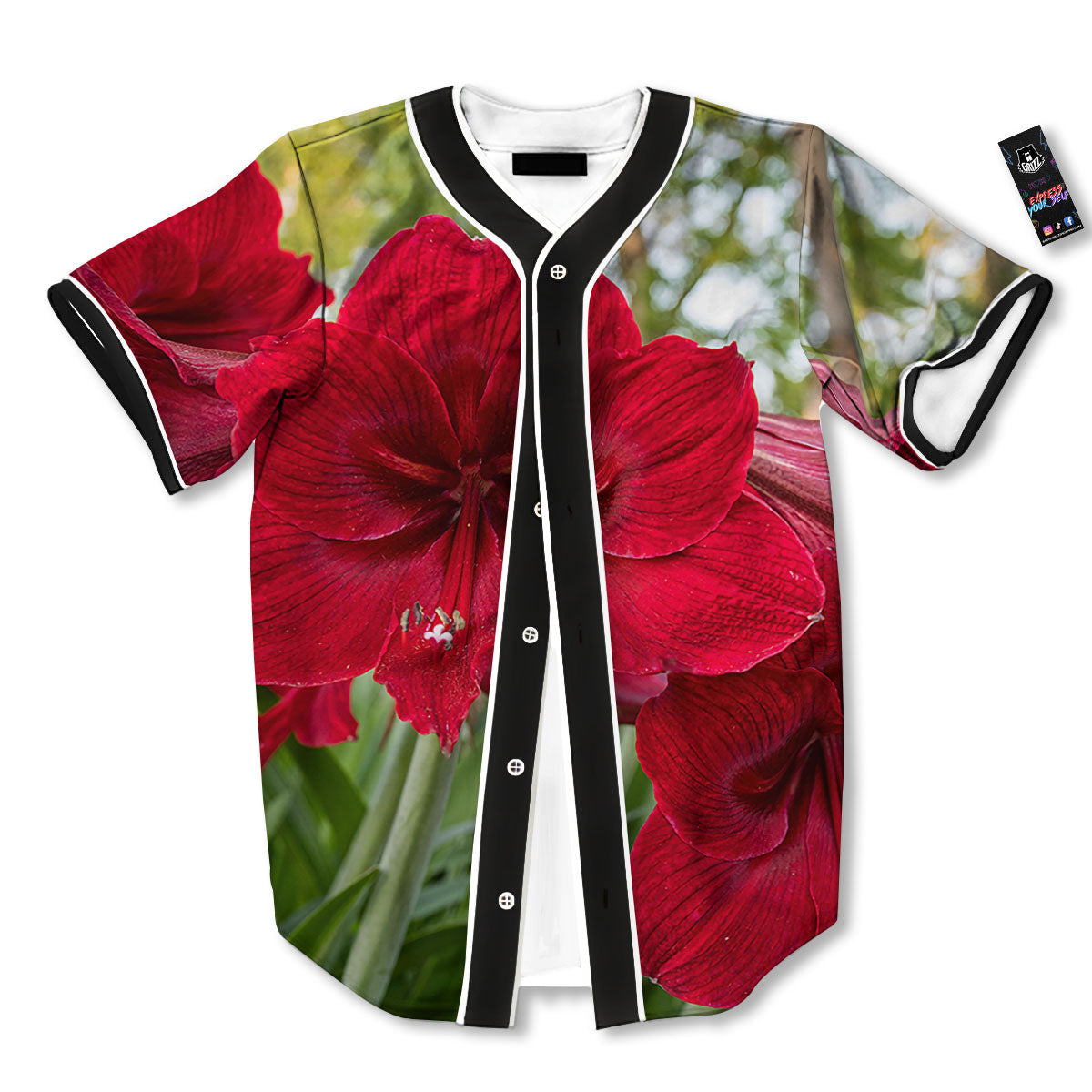Amaryllis Red Print Baseball Jersey-grizzshop