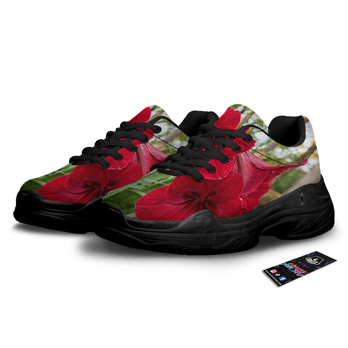 Amaryllis Red Print Black Chunky Shoes-grizzshop