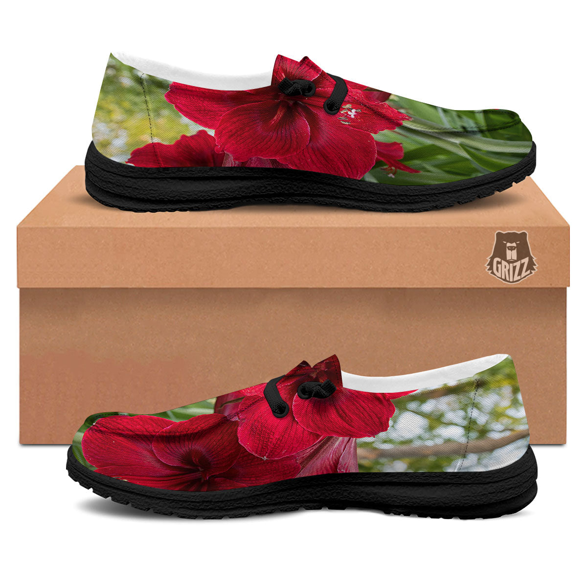 Amaryllis Red Print Black Loafers-grizzshop