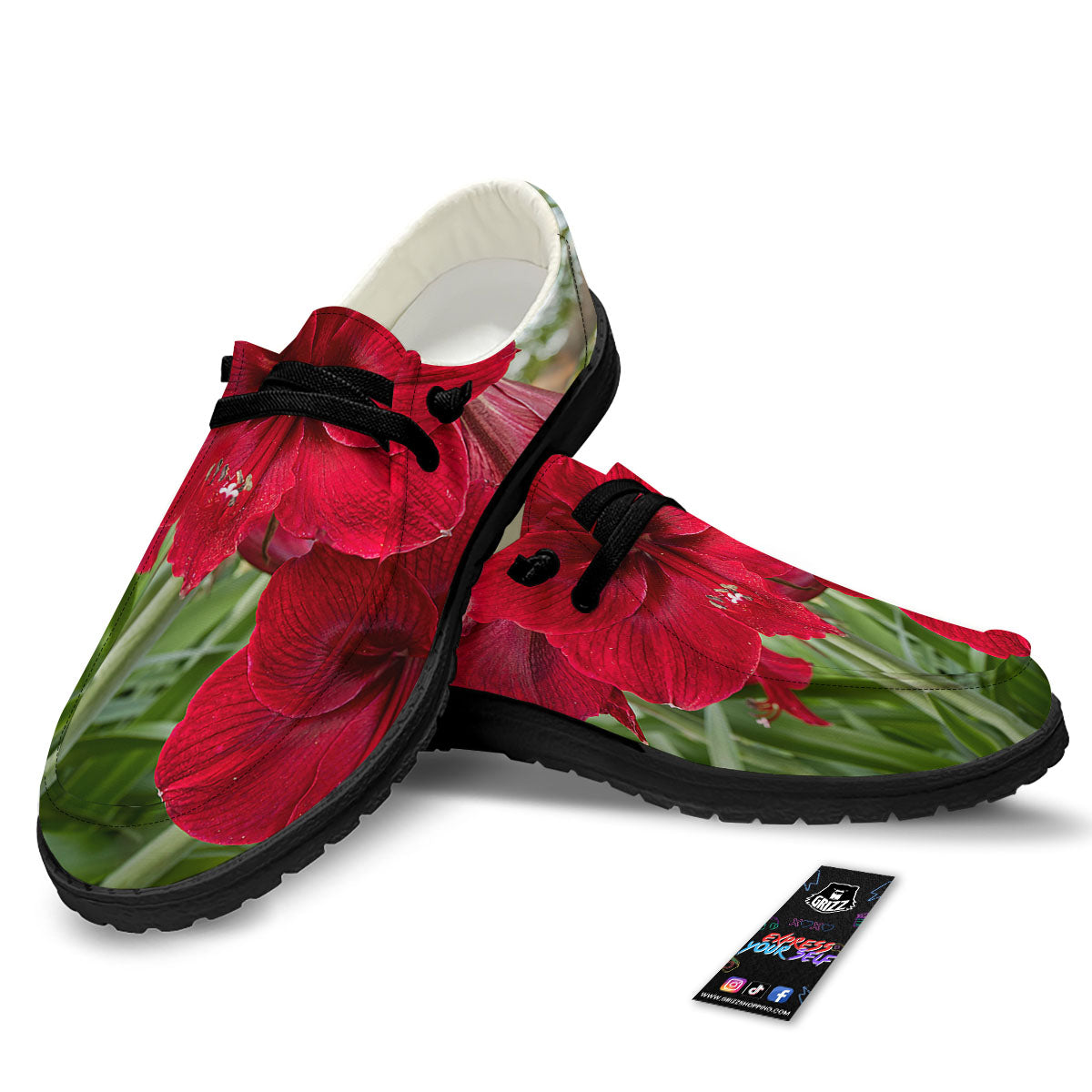 Amaryllis Red Print Black Loafers-grizzshop