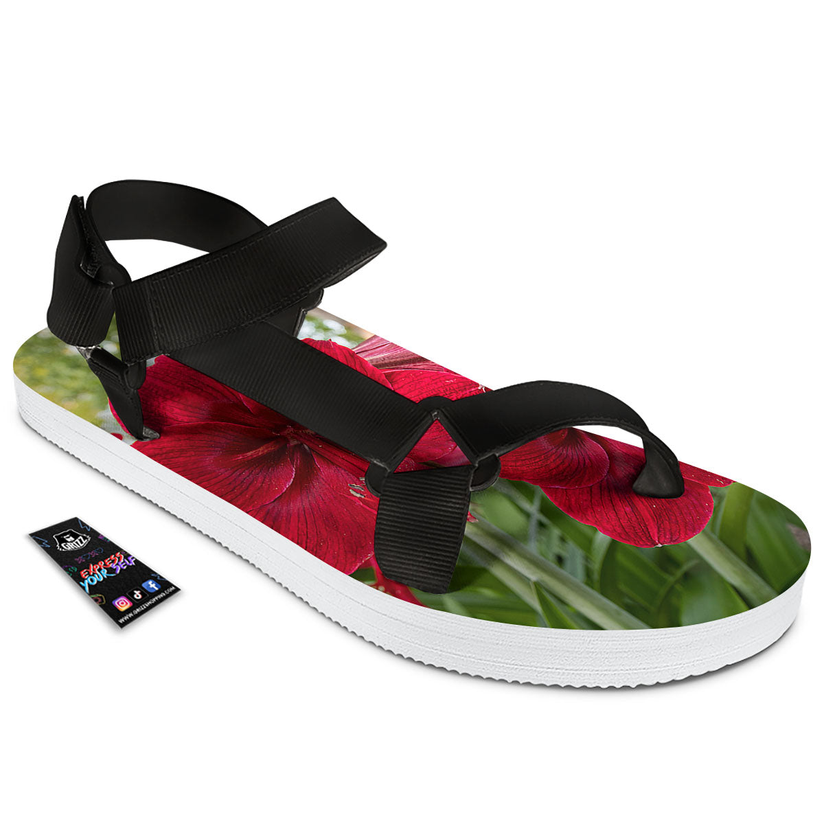 Amaryllis Red Print Black Open Toe Sandals-grizzshop