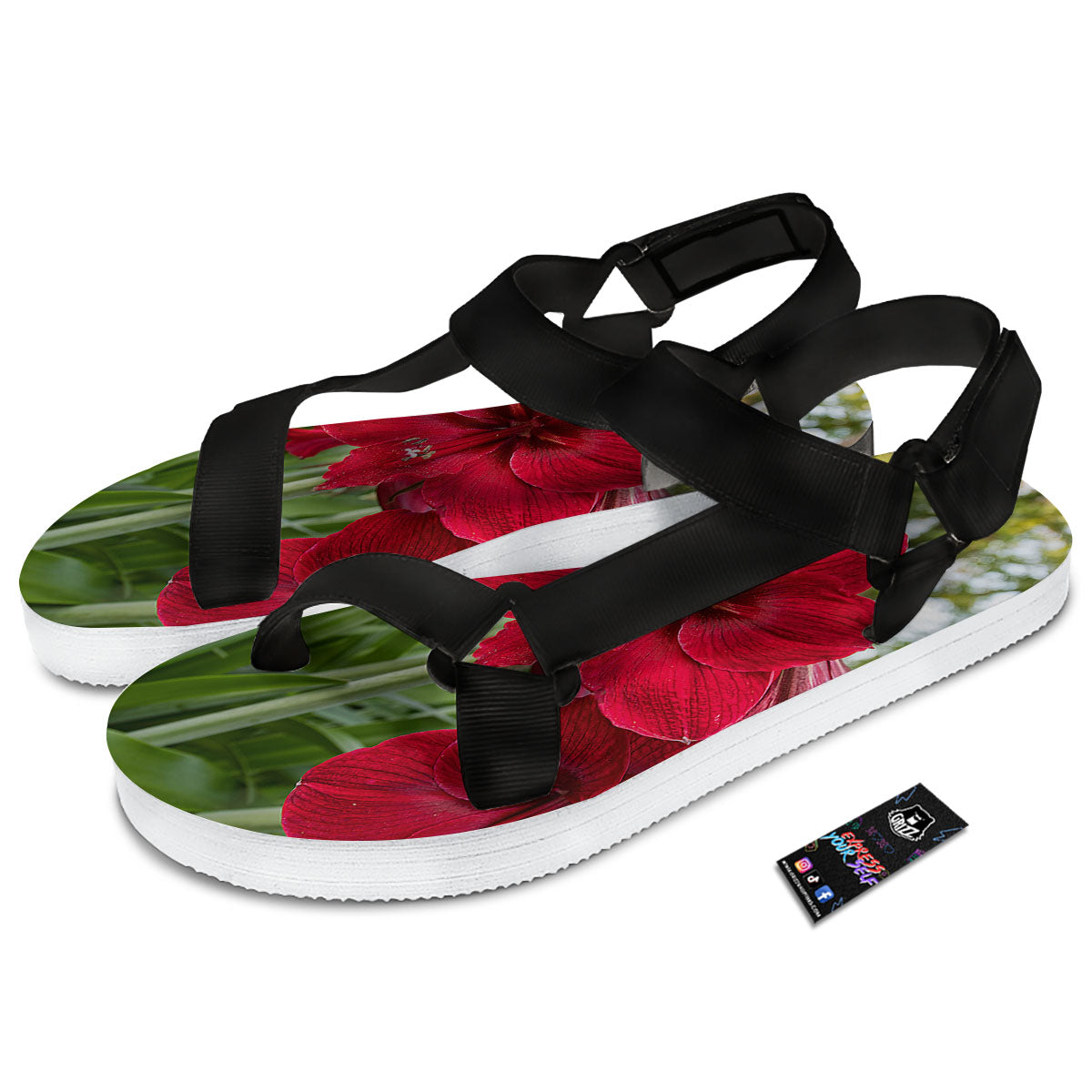 Amaryllis Red Print Black Open Toe Sandals-grizzshop