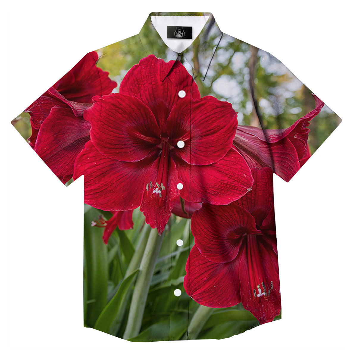 Amaryllis Red Print Button Up Shirt-grizzshop