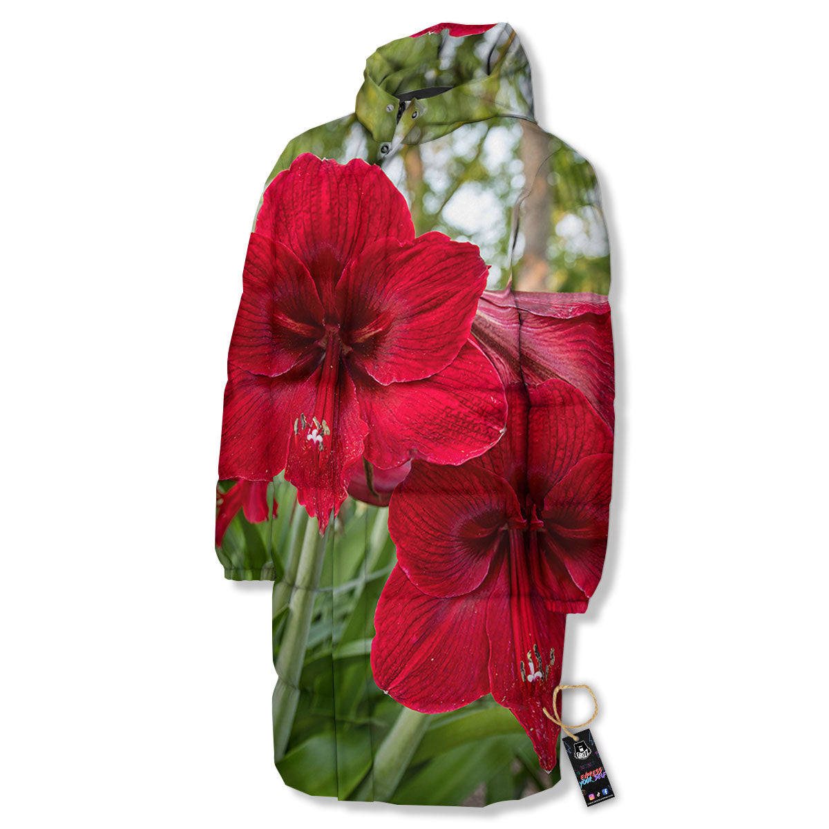 Amaryllis Red Print Long Down Jacket-grizzshop