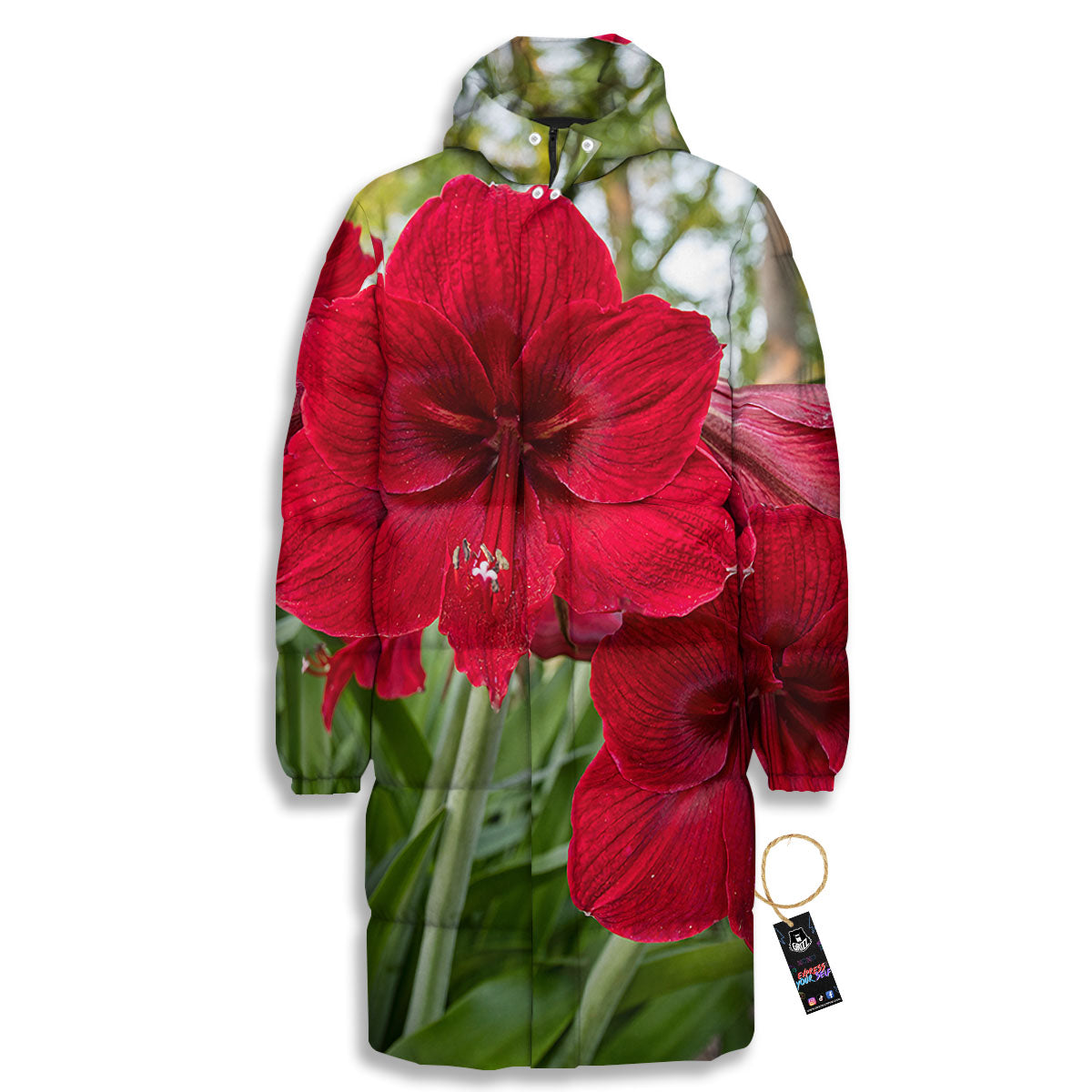 Amaryllis Red Print Long Down Jacket-grizzshop