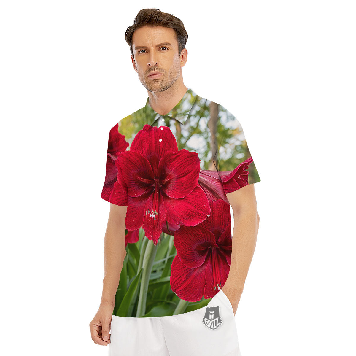Amaryllis Red Print Men's Golf Shirts-grizzshop