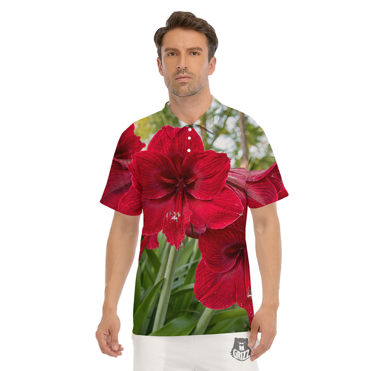 Amaryllis Red Print Men's Golf Shirts-grizzshop