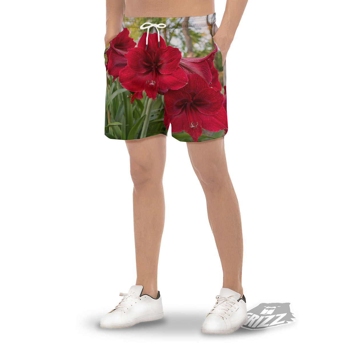 Amaryllis Red Print Men's Gym Shorts-grizzshop