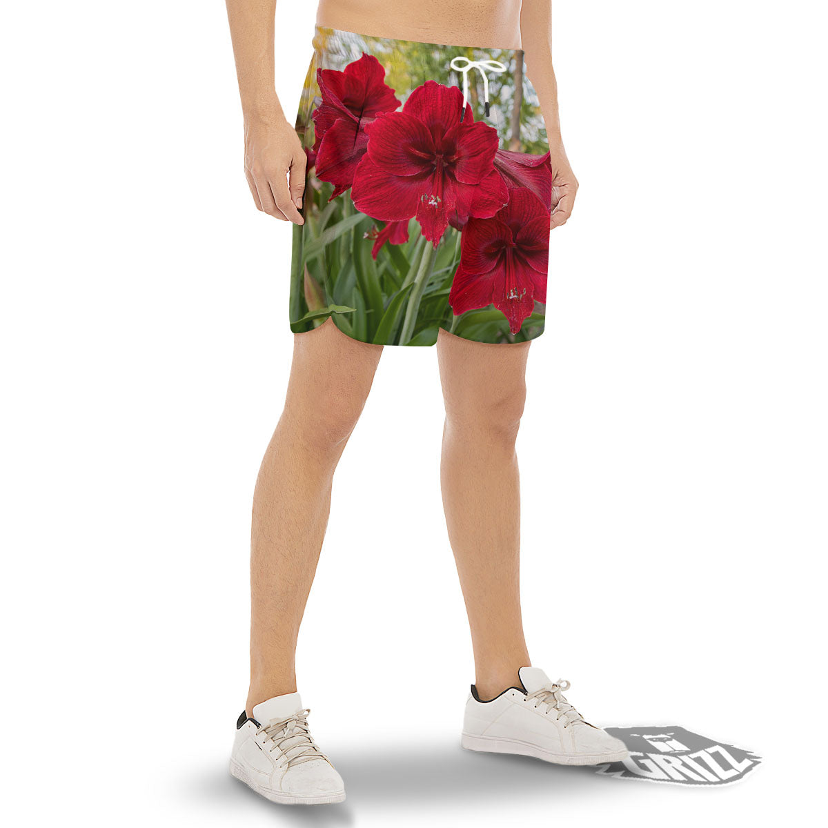 Amaryllis Red Print Men's Gym Shorts-grizzshop