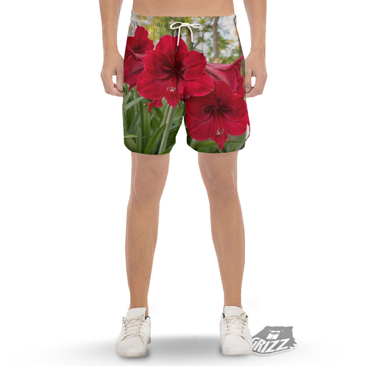 Amaryllis Red Print Men's Gym Shorts-grizzshop