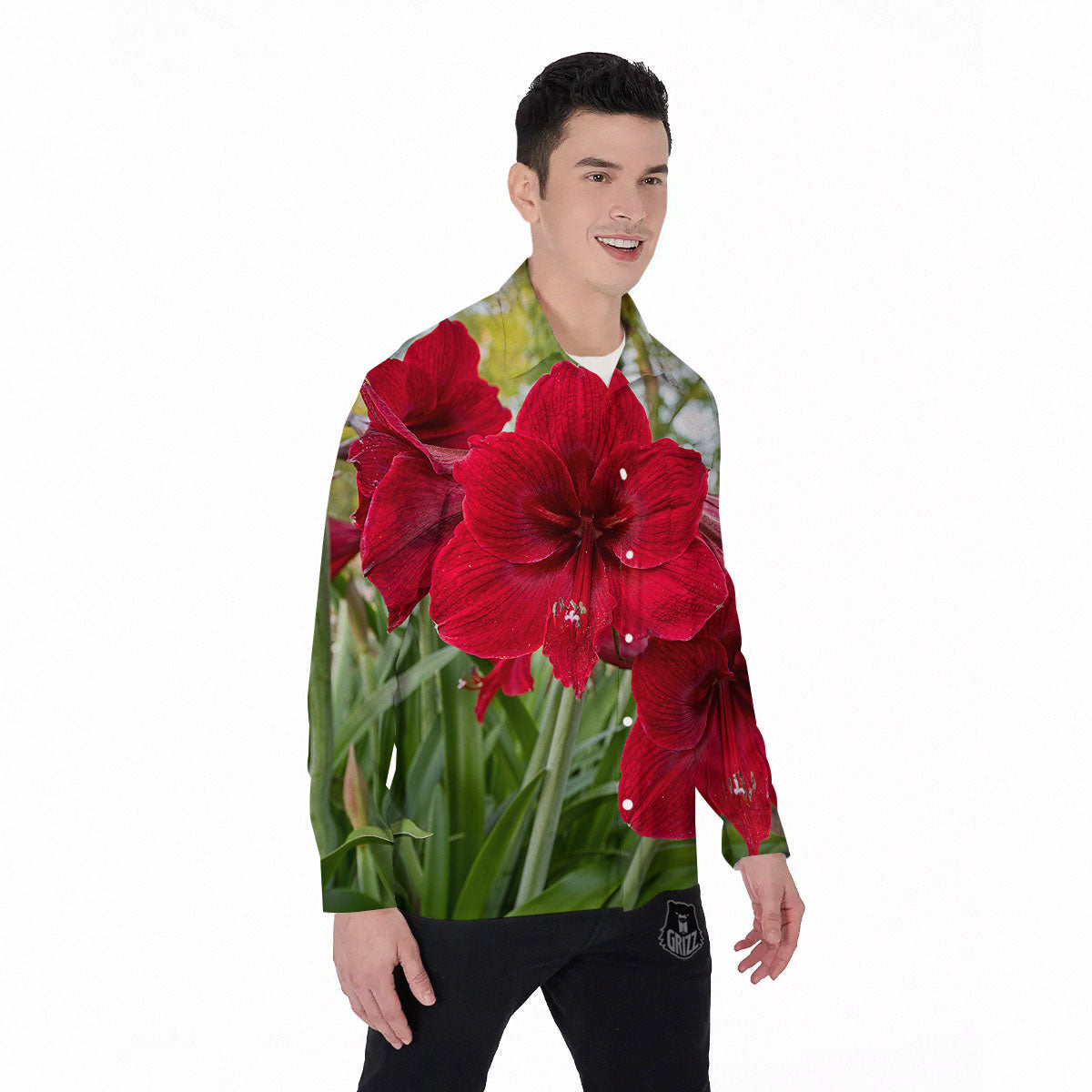 Amaryllis Red Print Men's Long Sleeve Shirts-grizzshop