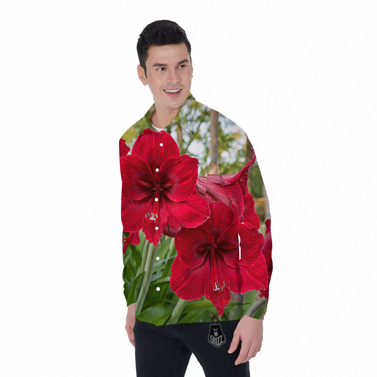 Amaryllis Red Print Men's Long Sleeve Shirts-grizzshop