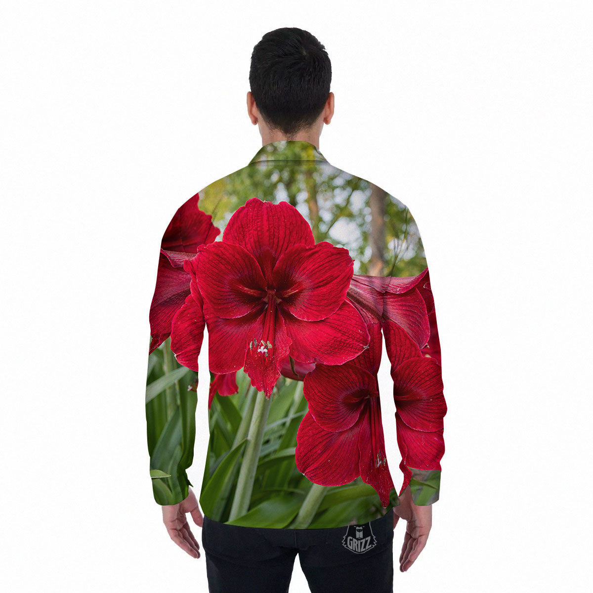 Amaryllis Red Print Men's Long Sleeve Shirts-grizzshop