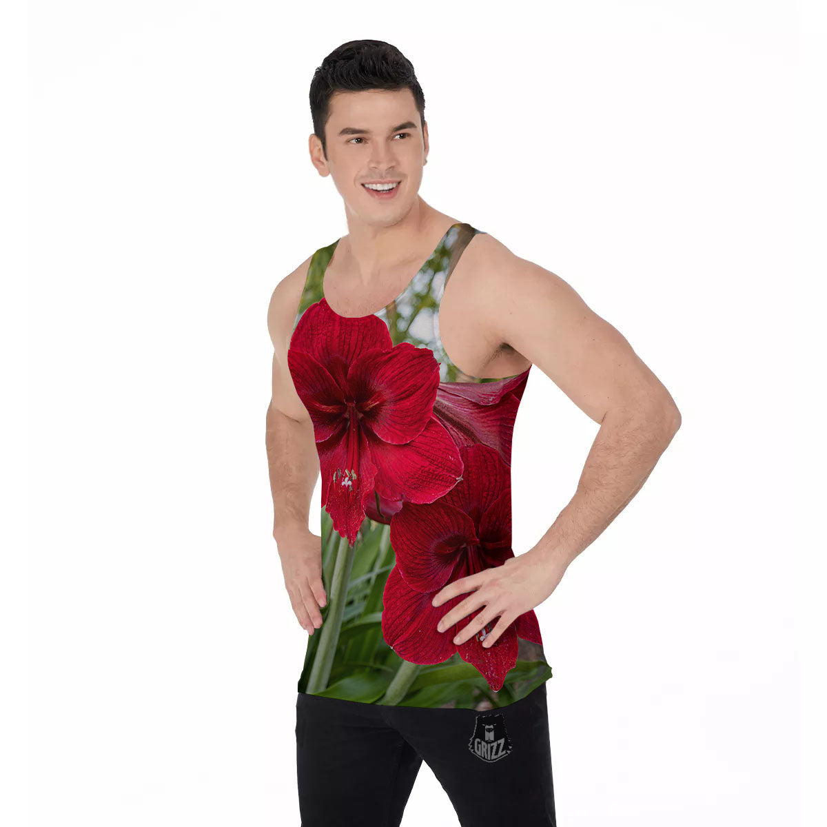 Amaryllis Red Print Men's Tank Top-grizzshop