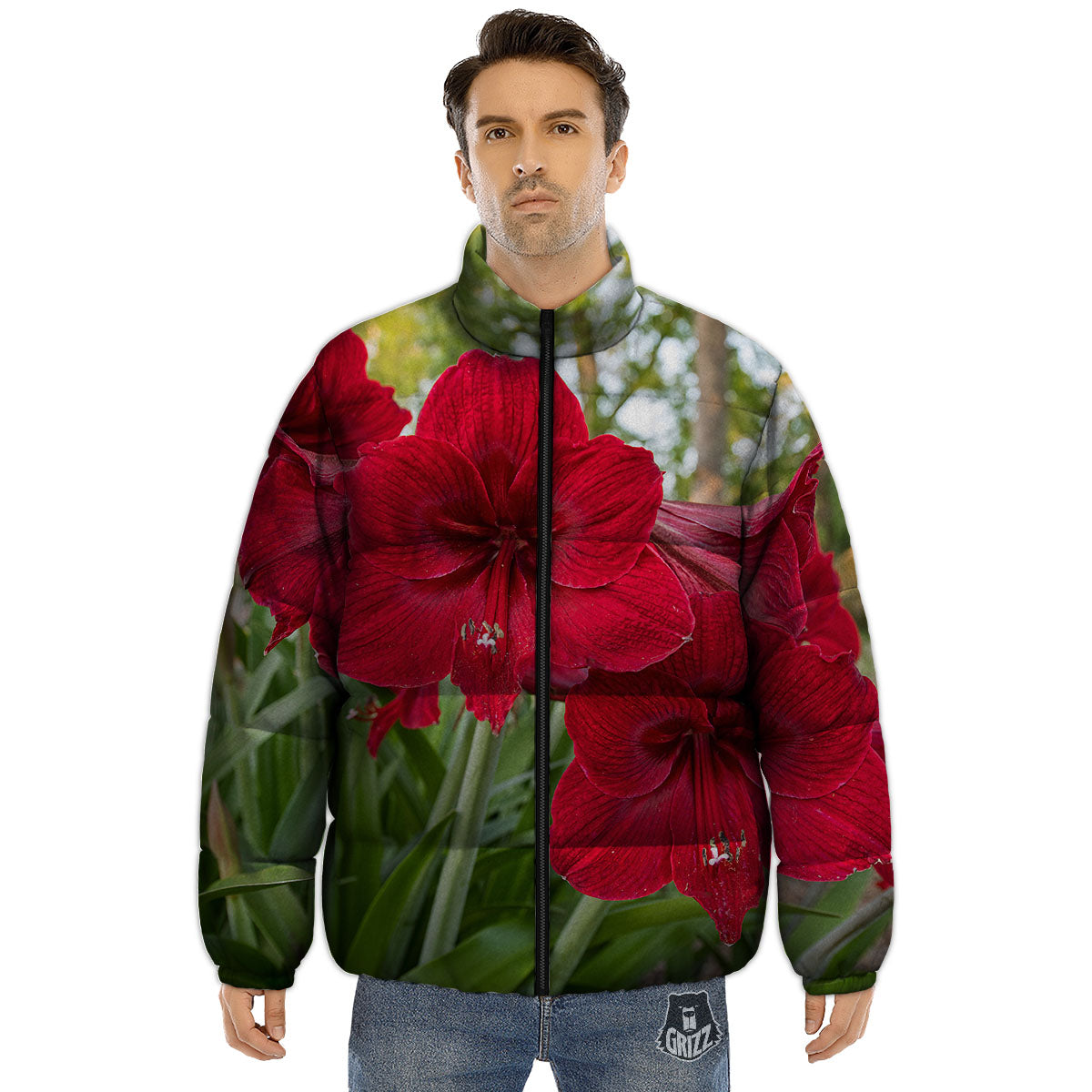 Amaryllis Red Print Puffer Jacket-grizzshop