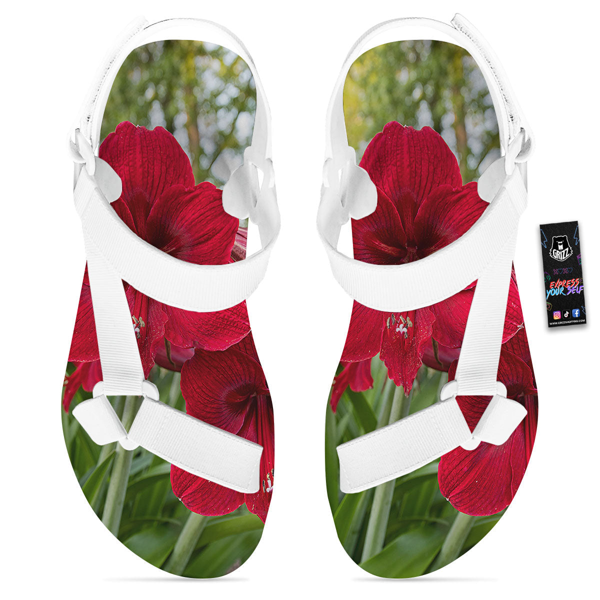 Amaryllis Red Print White Open Toe Sandals-grizzshop