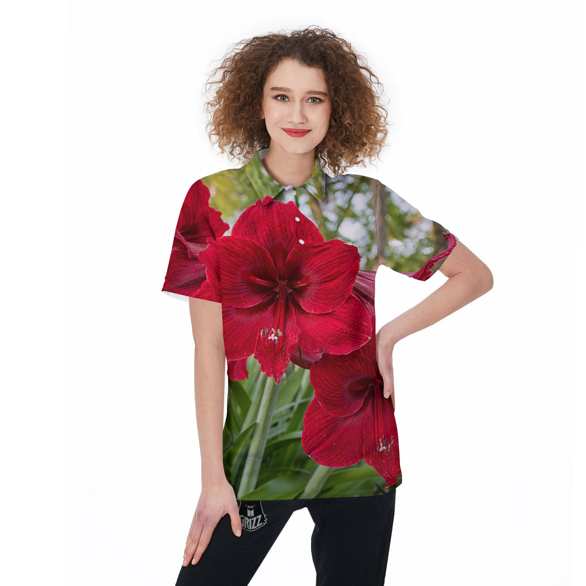 Amaryllis Red Print Women's Golf Shirts-grizzshop
