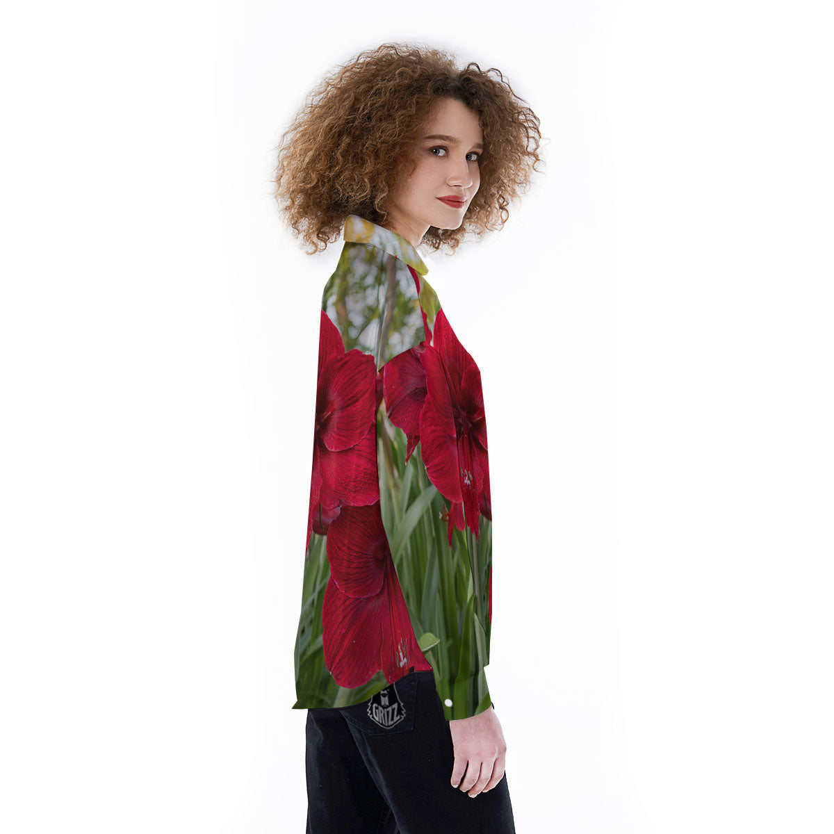 Amaryllis Red Print Women's Long Sleeve Shirts-grizzshop