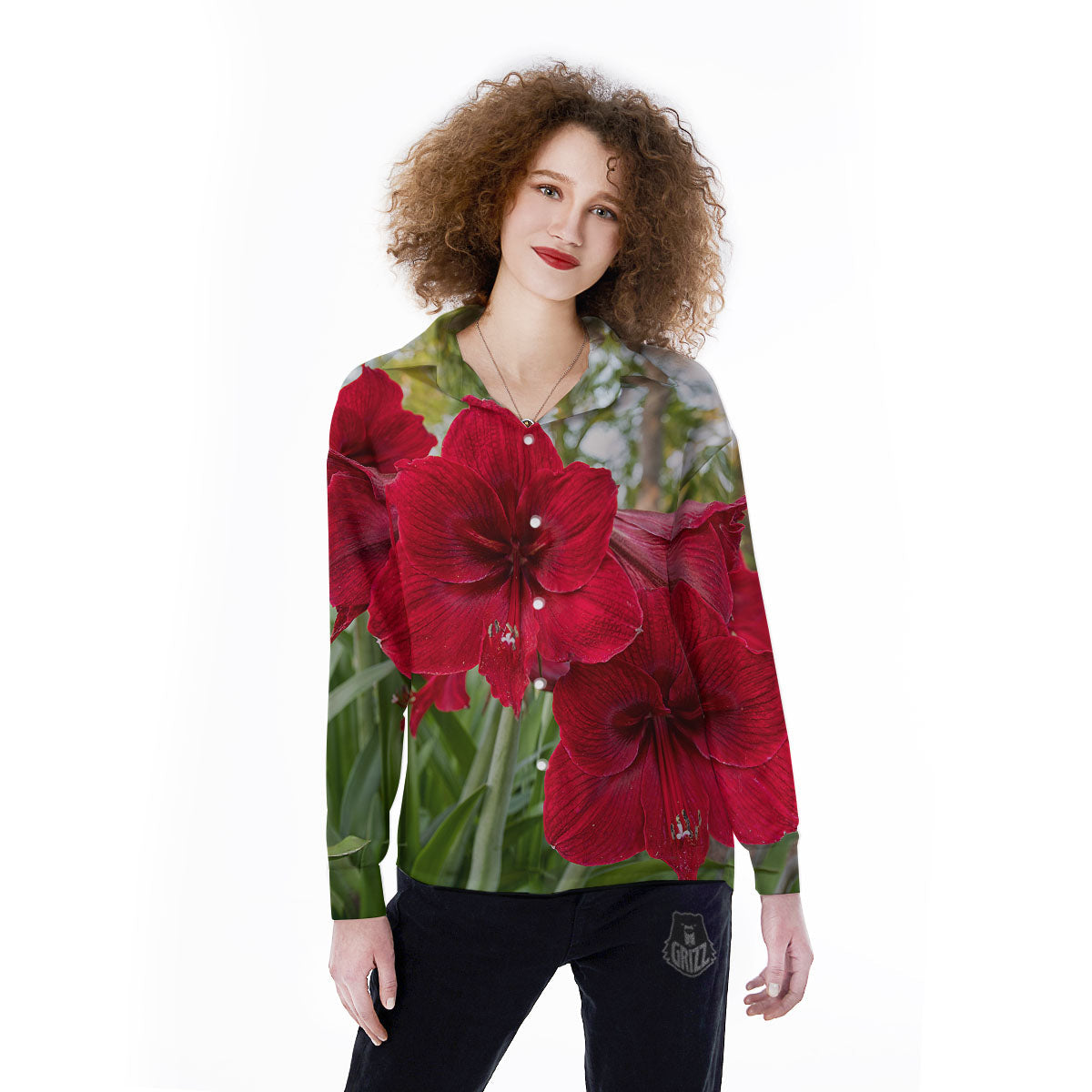 Amaryllis Red Print Women's Long Sleeve Shirts-grizzshop