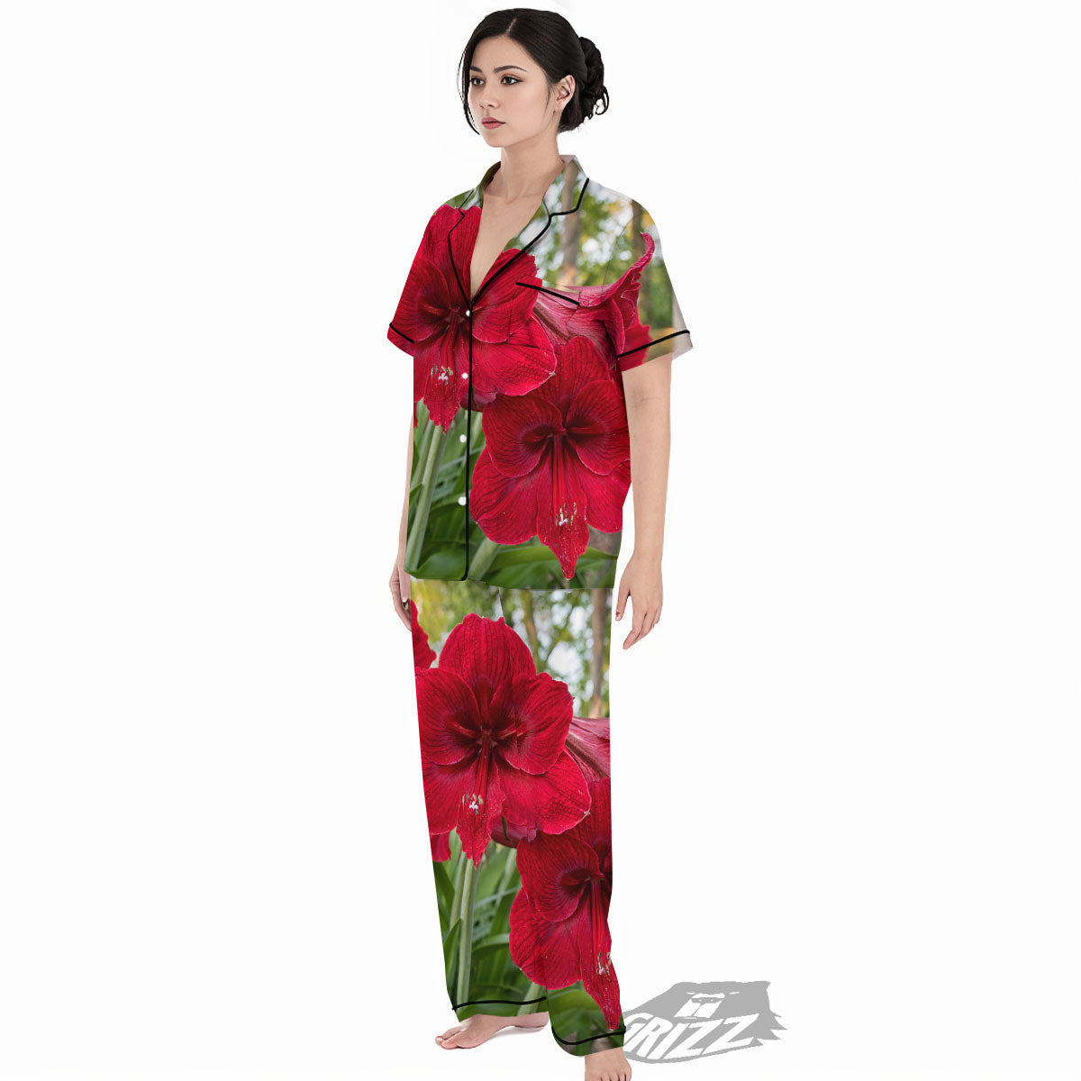 Amaryllis Red Print Women's Pajamas Set-grizzshop