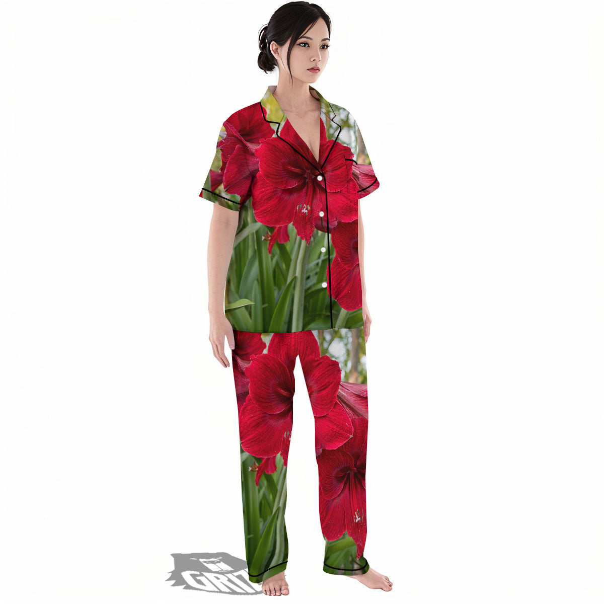 Amaryllis Red Print Women's Pajamas Set-grizzshop