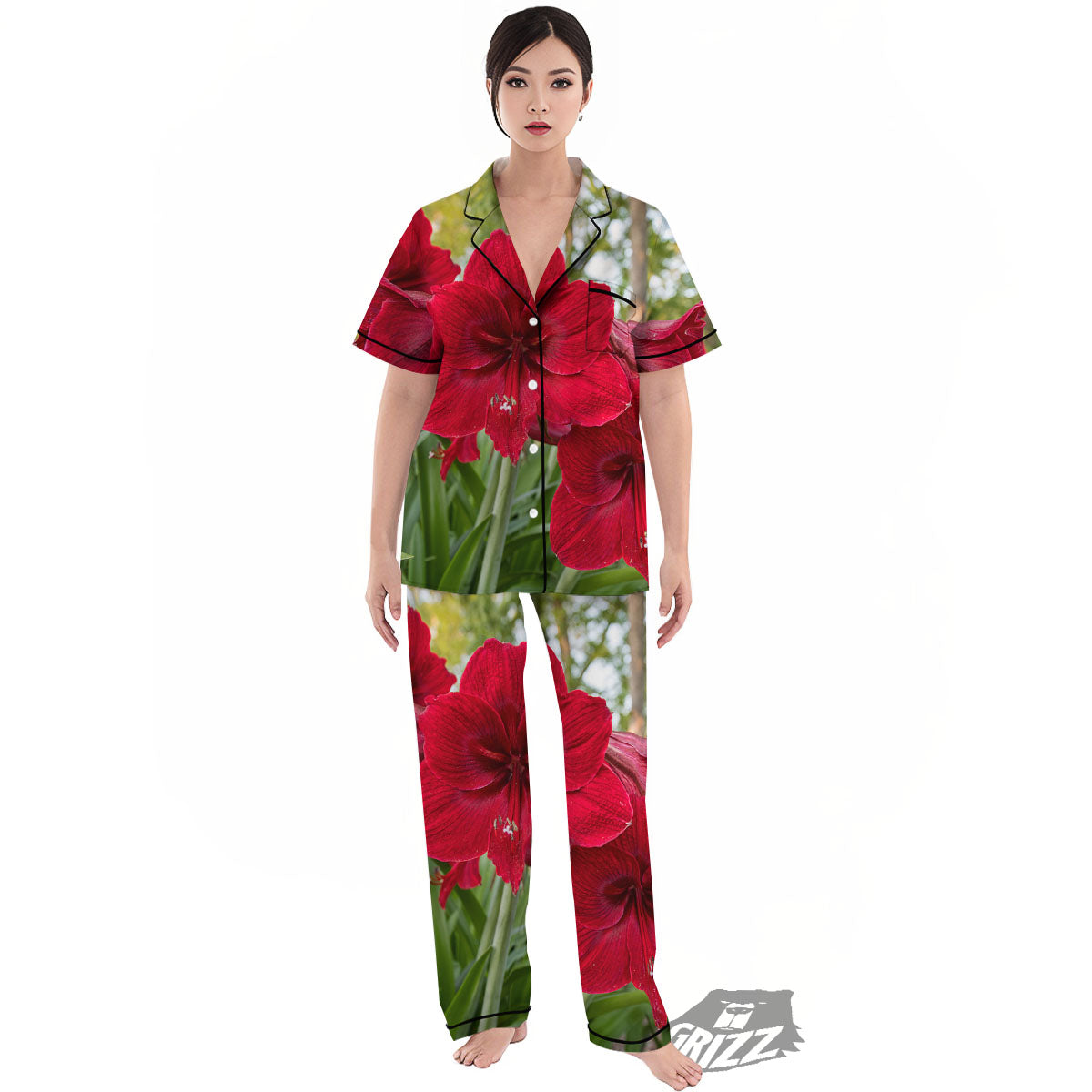 Amaryllis Red Print Women's Pajamas Set-grizzshop
