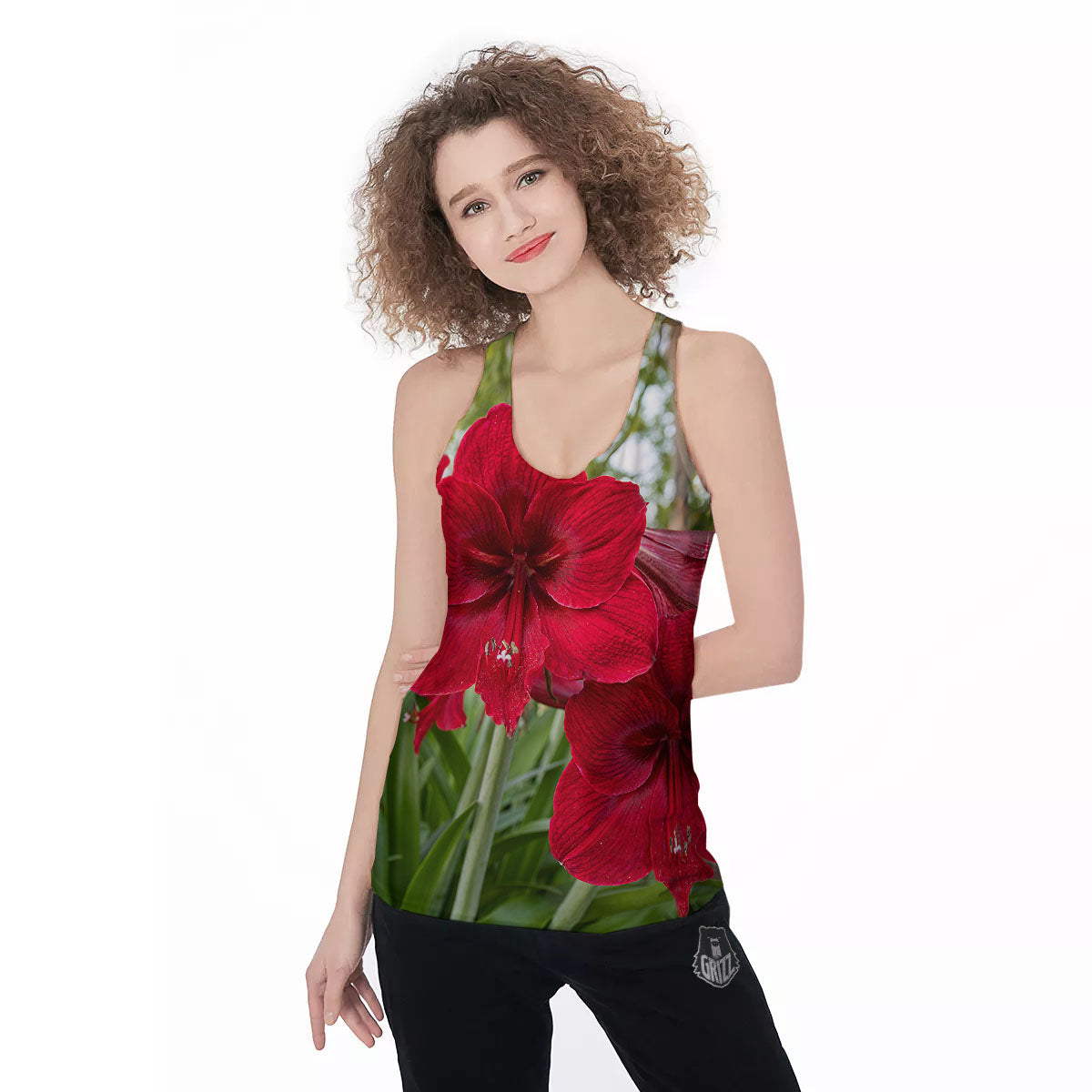 Amaryllis Red Print Women's Racerback Tank Top-grizzshop
