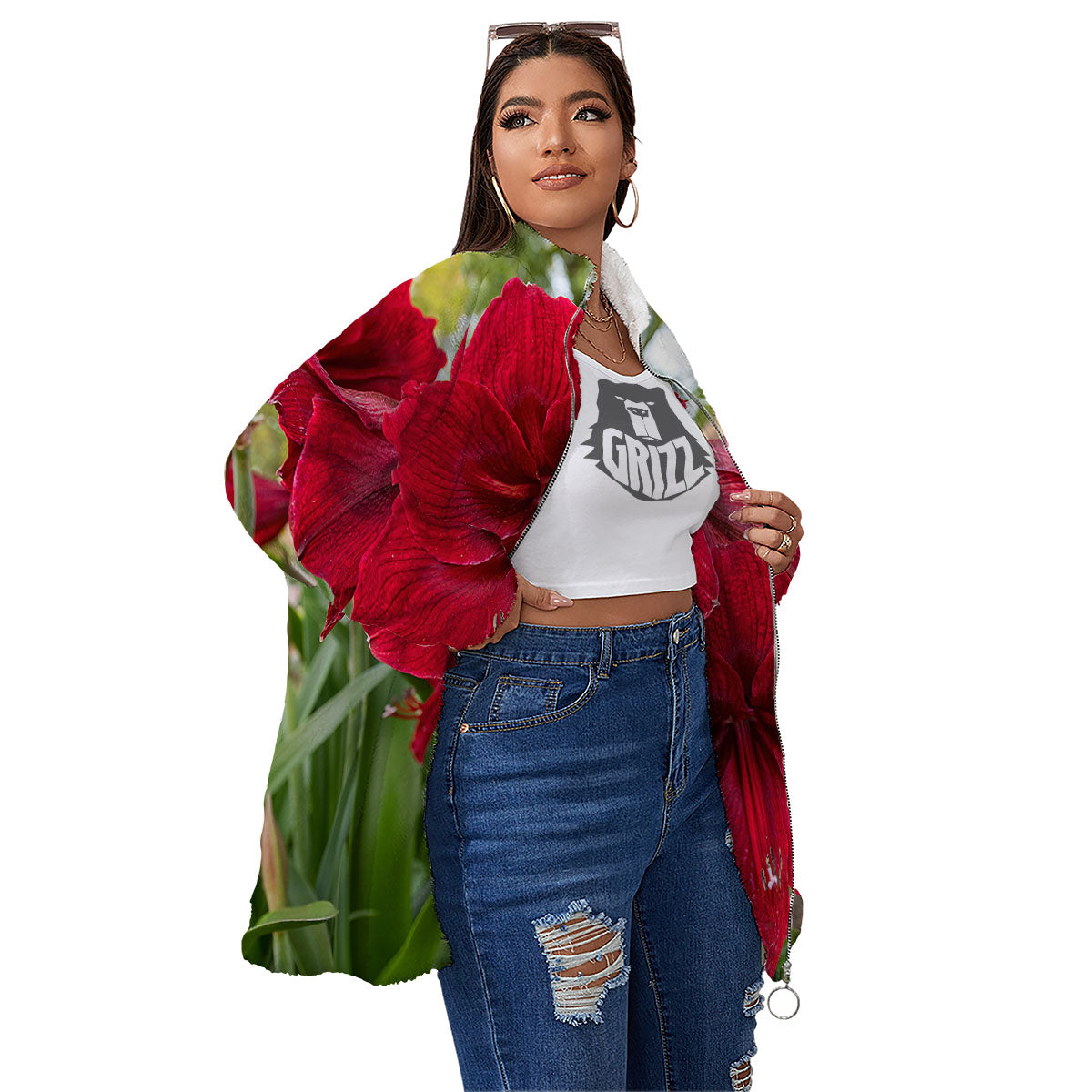 Amaryllis Red Print Women's Sherpa Jacket-grizzshop