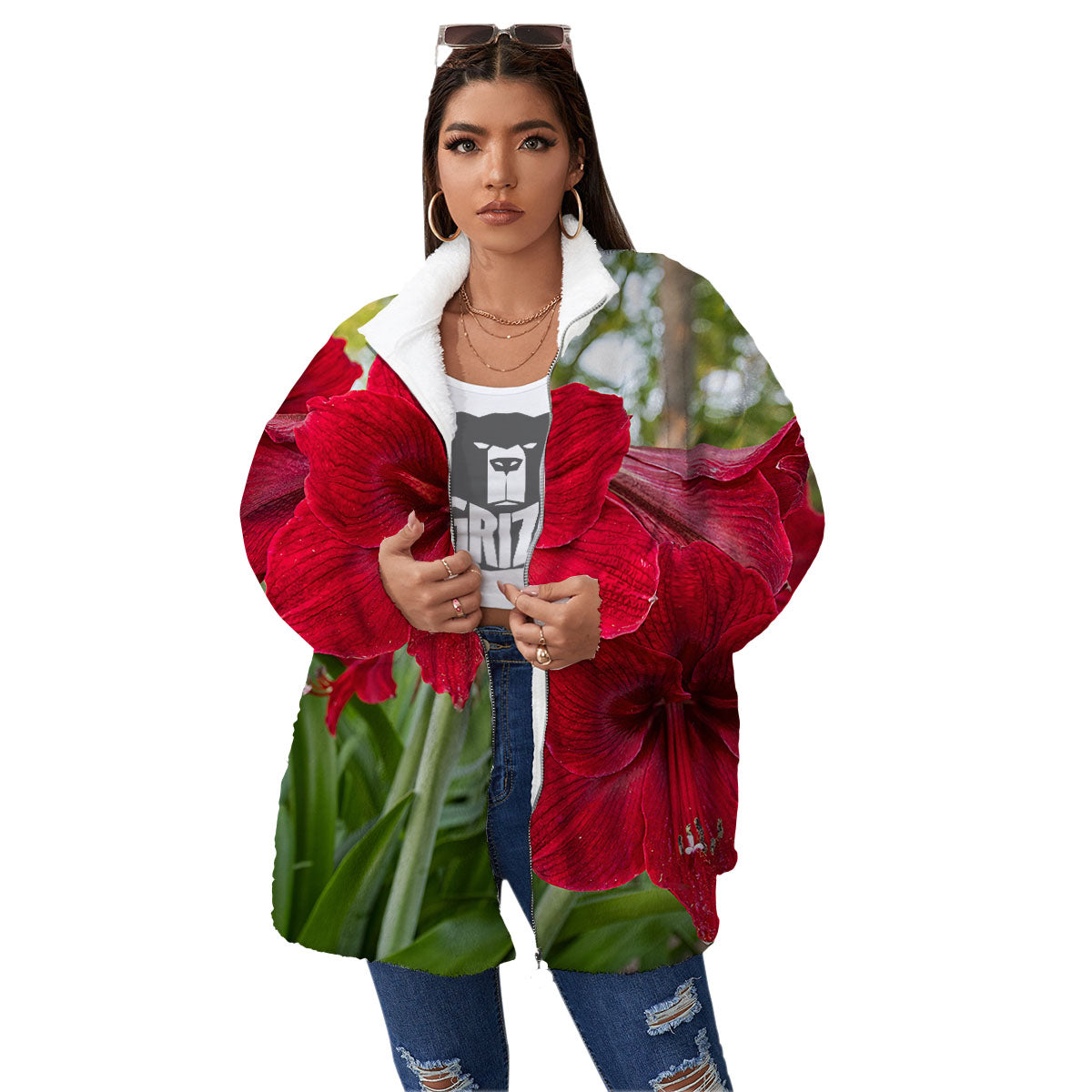 Amaryllis Red Print Women's Sherpa Jacket-grizzshop