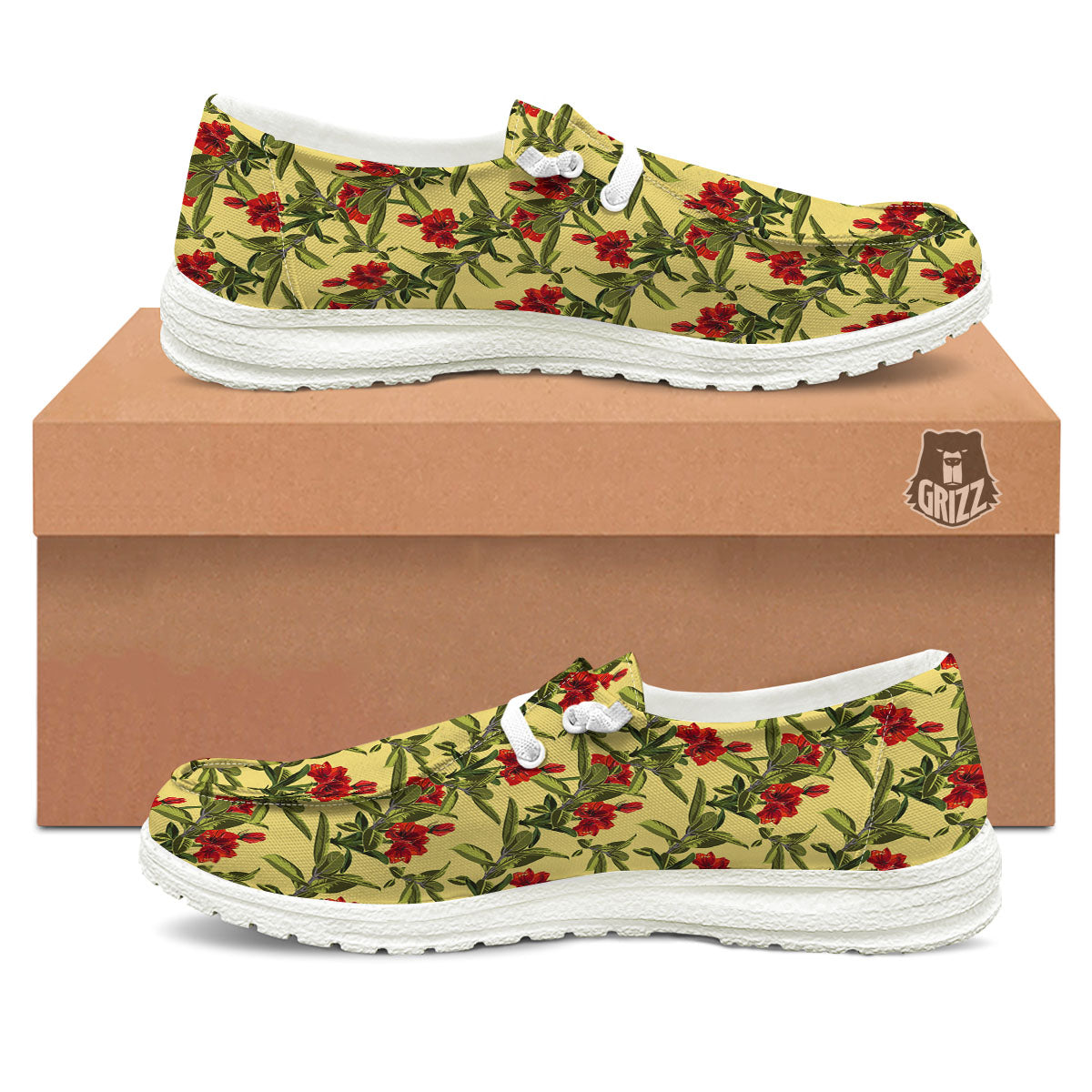 Amaryllis Red Yellow Print Pattern Black Loafers-grizzshop