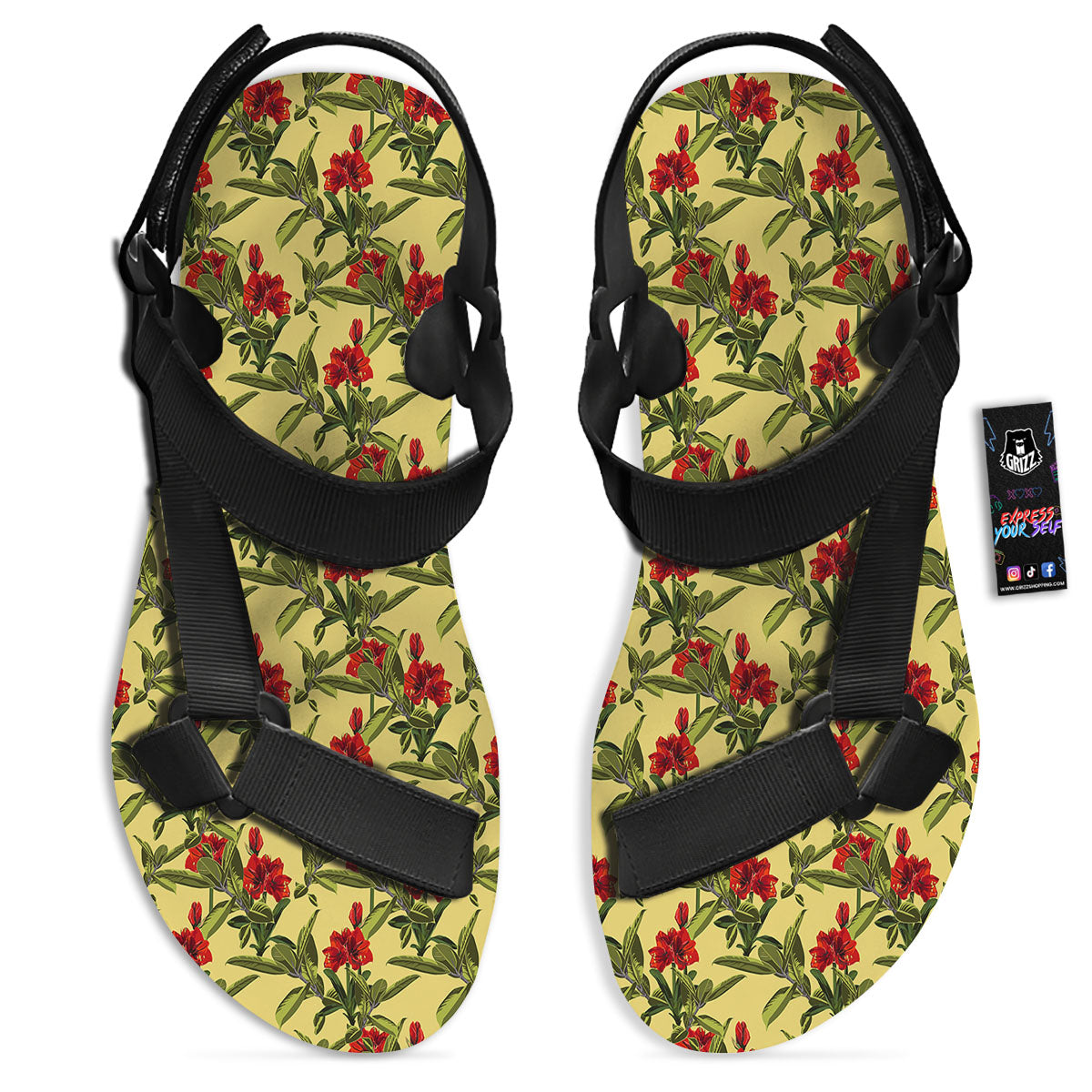 Amaryllis Red Yellow Print Pattern Black Open Toe Sandals-grizzshop