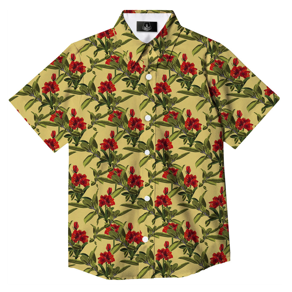 Amaryllis Red Yellow Print Pattern Button Up Shirt-grizzshop