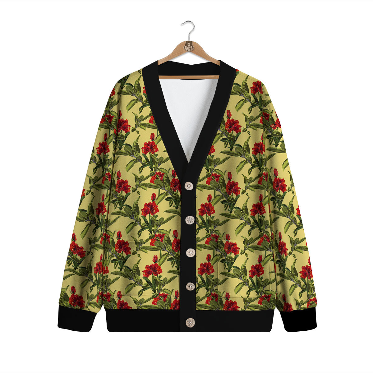 Amaryllis Red Yellow Print Pattern Cardigan-grizzshop