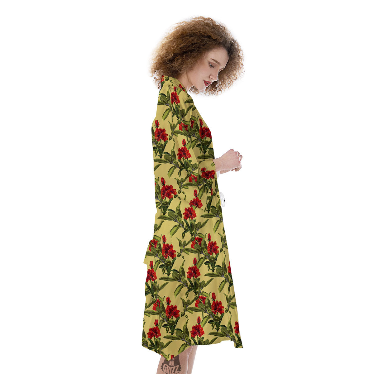 Amaryllis Red Yellow Print Pattern Kimono-grizzshop