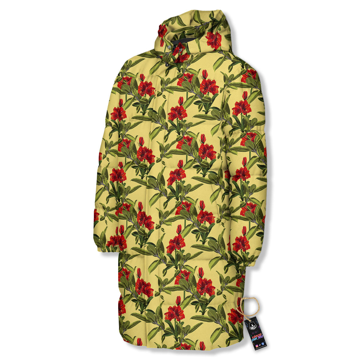 Amaryllis Red Yellow Print Pattern Long Down Jacket-grizzshop