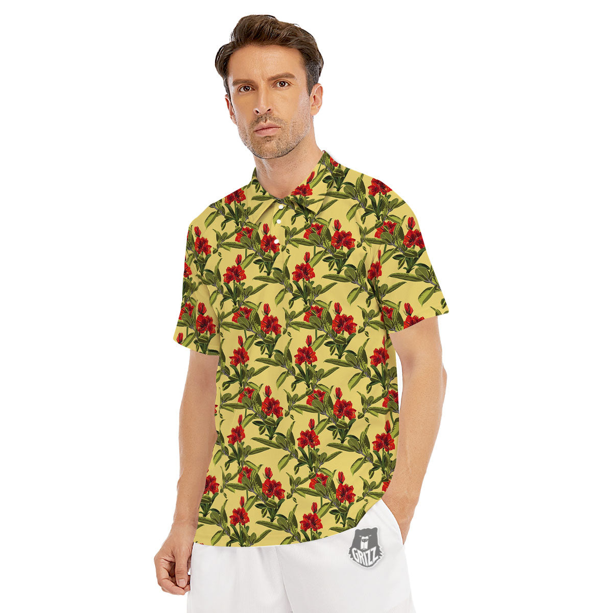 Amaryllis Red Yellow Print Pattern Men's Golf Shirts-grizzshop