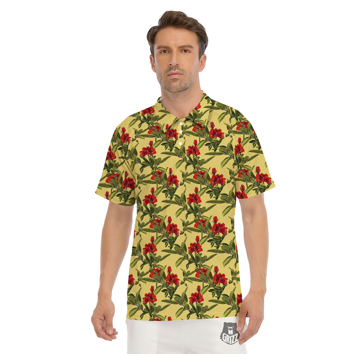 Amaryllis Red Yellow Print Pattern Men's Golf Shirts-grizzshop