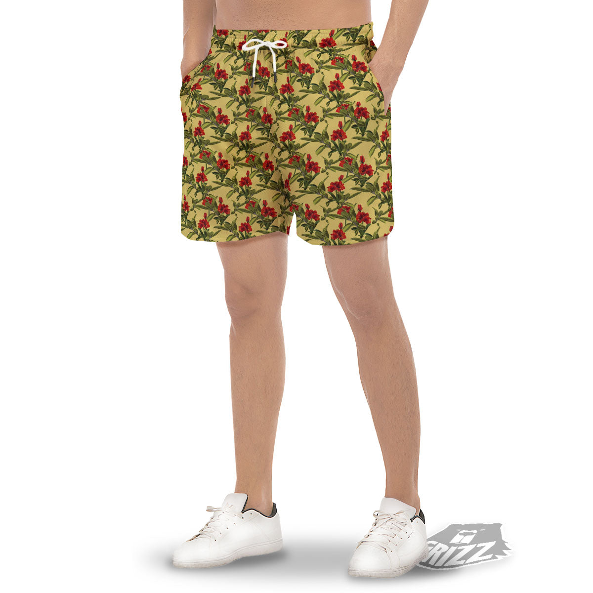 Amaryllis Red Yellow Print Pattern Men's Gym Shorts-grizzshop