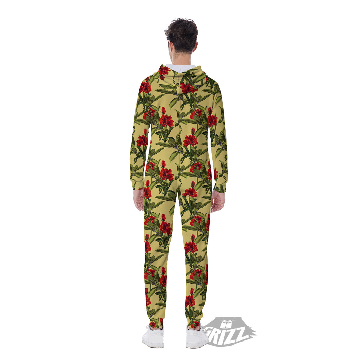 Amaryllis Red Yellow Print Pattern Men's Jumpsuit-grizzshop