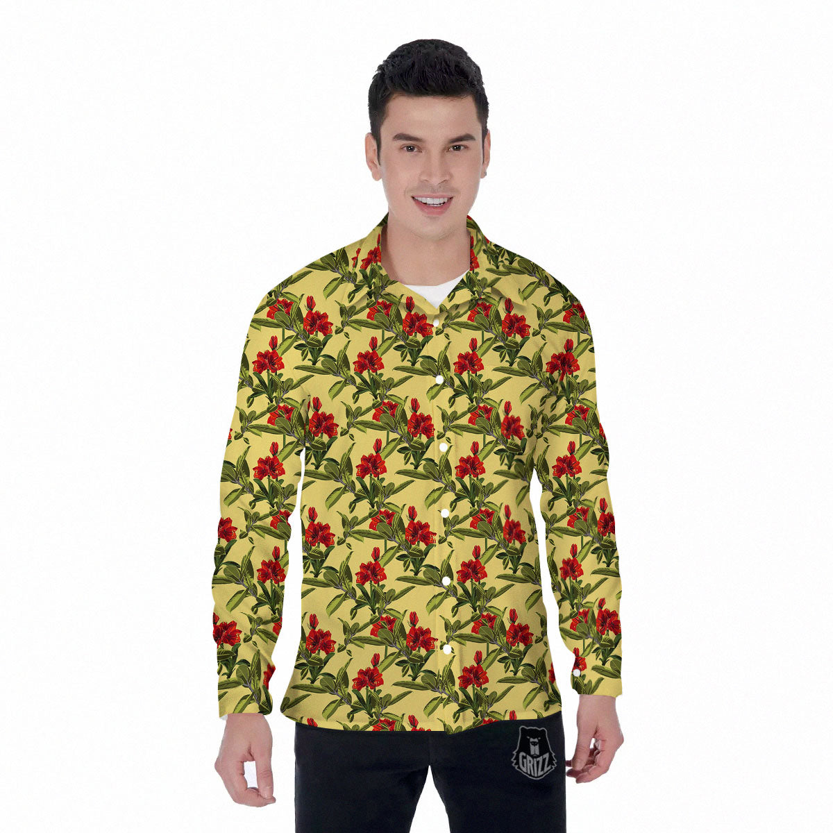 Amaryllis Red Yellow Print Pattern Men's Long Sleeve Shirts-grizzshop