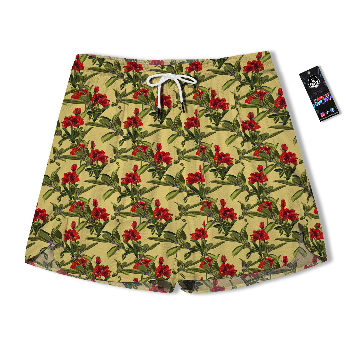 Amaryllis Red Yellow Print Pattern Men's Running Shorts-grizzshop