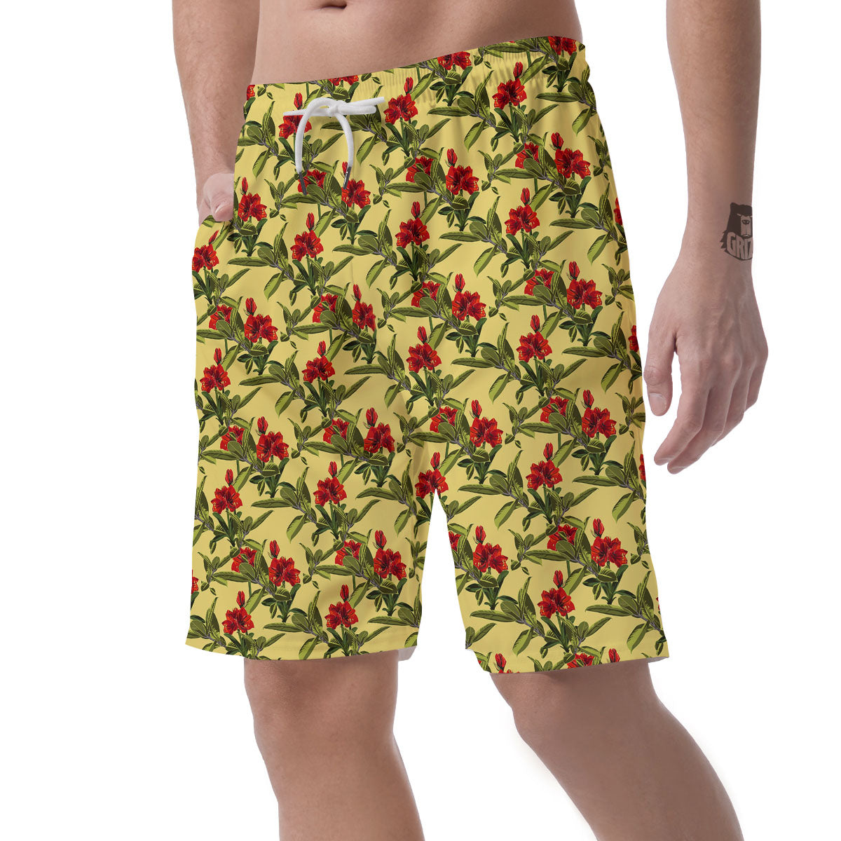 Amaryllis Red Yellow Print Pattern Men's Shorts-grizzshop