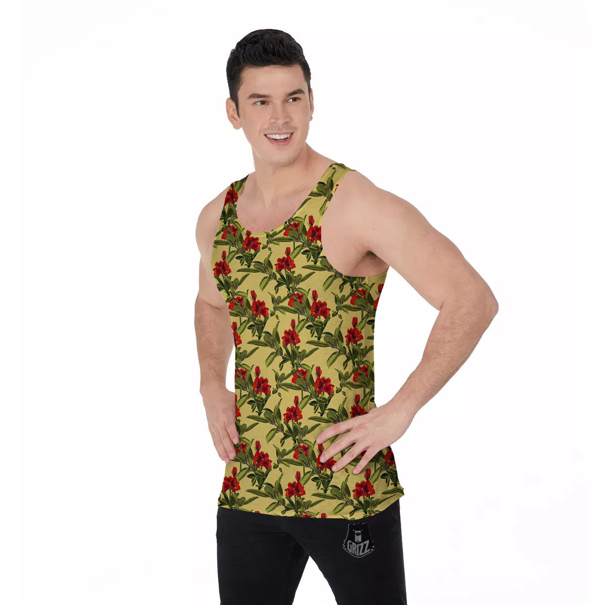 Amaryllis Red Yellow Print Pattern Men's Tank Top-grizzshop