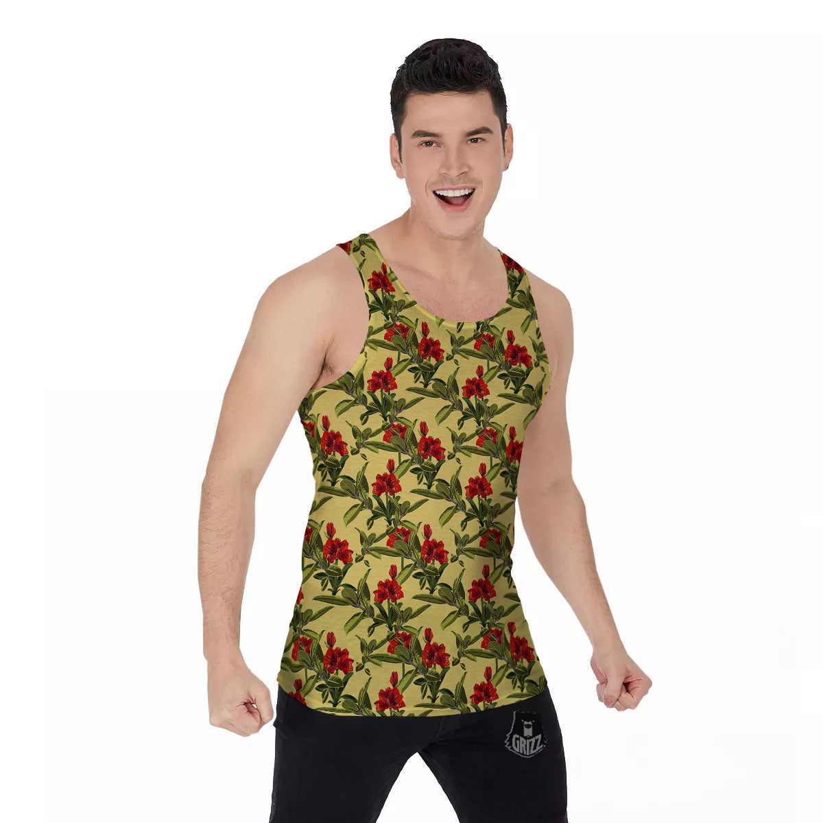 Amaryllis Red Yellow Print Pattern Men's Tank Top-grizzshop