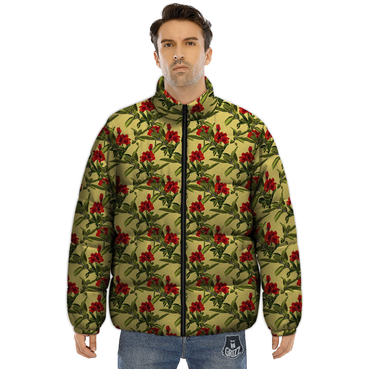 Amaryllis Red Yellow Print Pattern Puffer Jacket-grizzshop